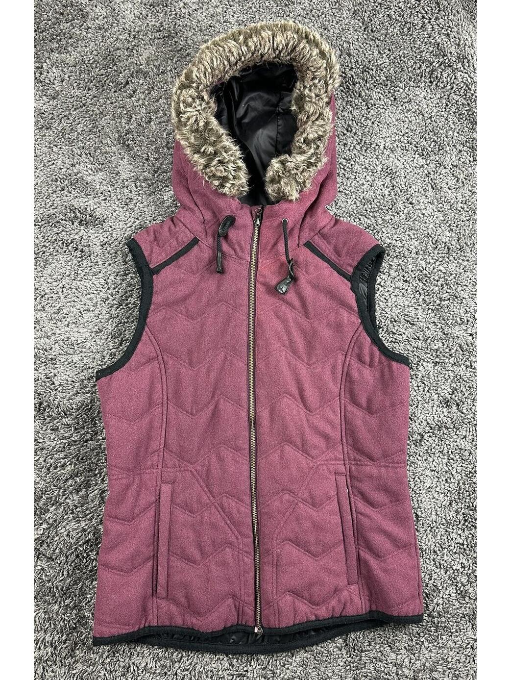 Prana Calla Wool Hooded Vest Womens Burgundy Quilted Faux Fur Trim Full Zip Sz M